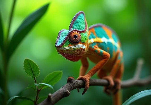 マダガスカルの枝に止まる鮮やかな色のカメレオン